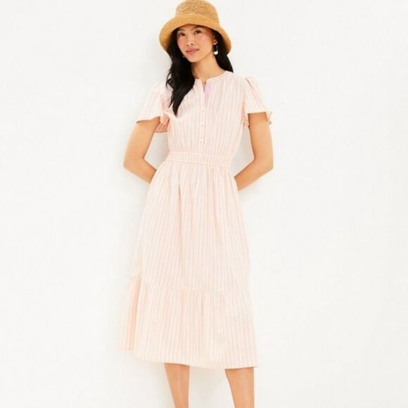 LOFT Striped Smocked Waist Midi Dress - Picture 1 of 5